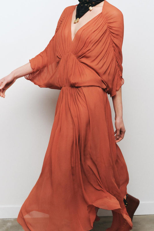 Rust Chiffon V - Neck Maxi Dress with Ruched Details