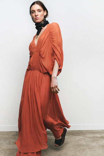 Rust Chiffon V - Neck Maxi Dress with Ruched Details