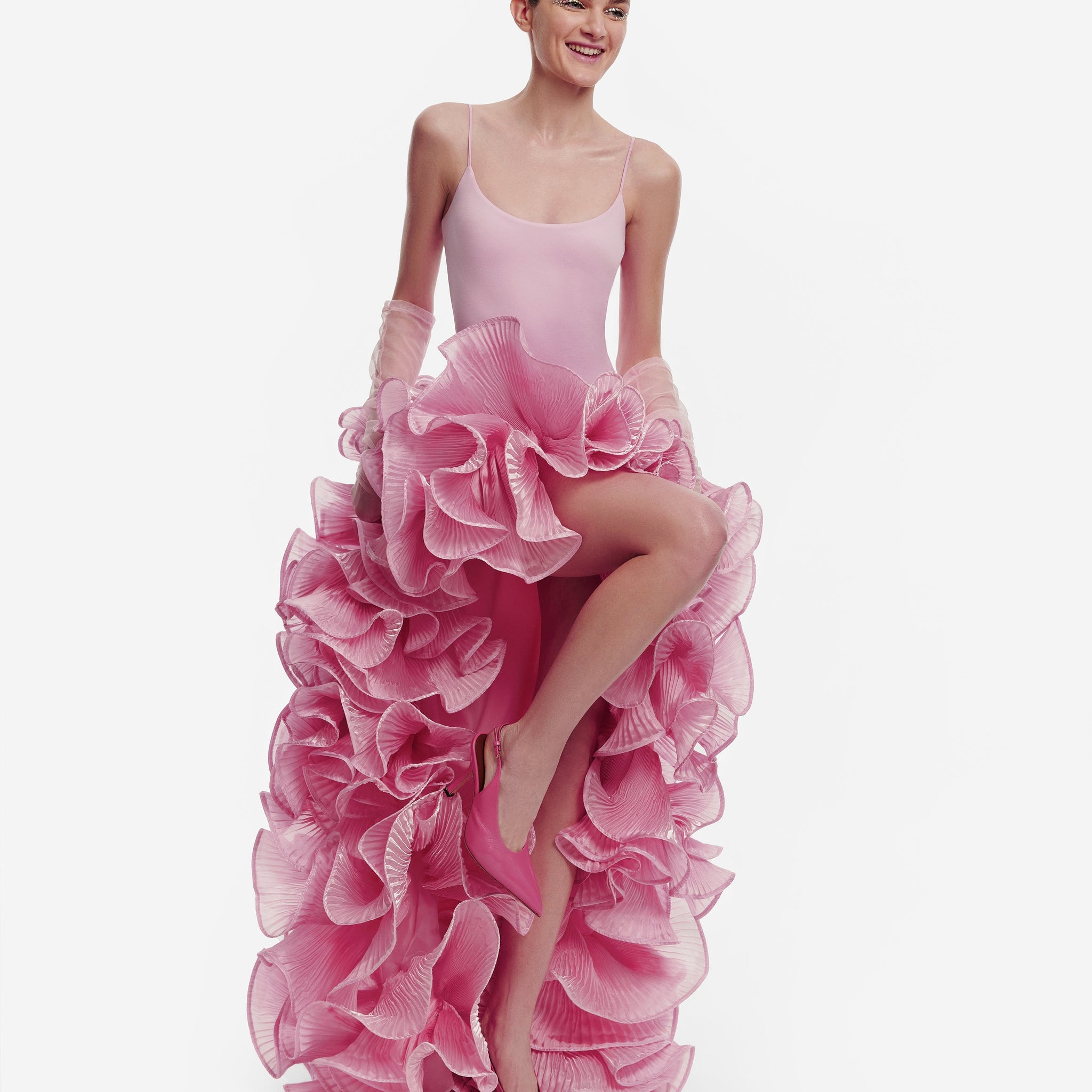 Chic Pink High - Low Ruffle Evening Dress