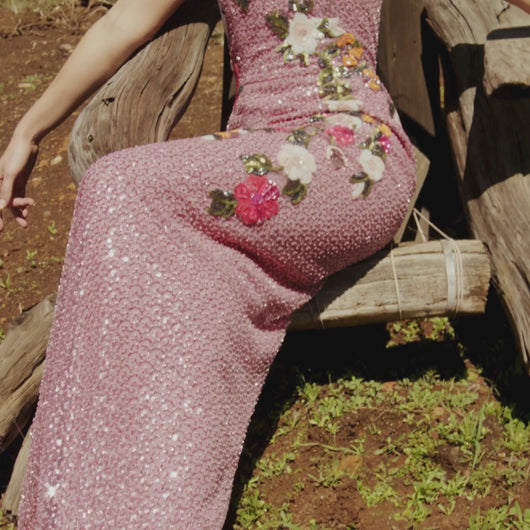 Floral applique off-the-shoulder gown