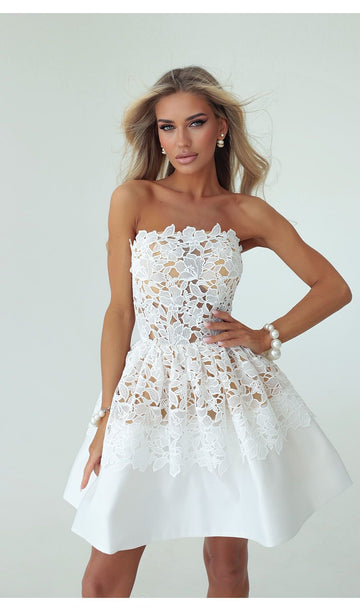 White Strapless Lace - Overlay Mini Dress