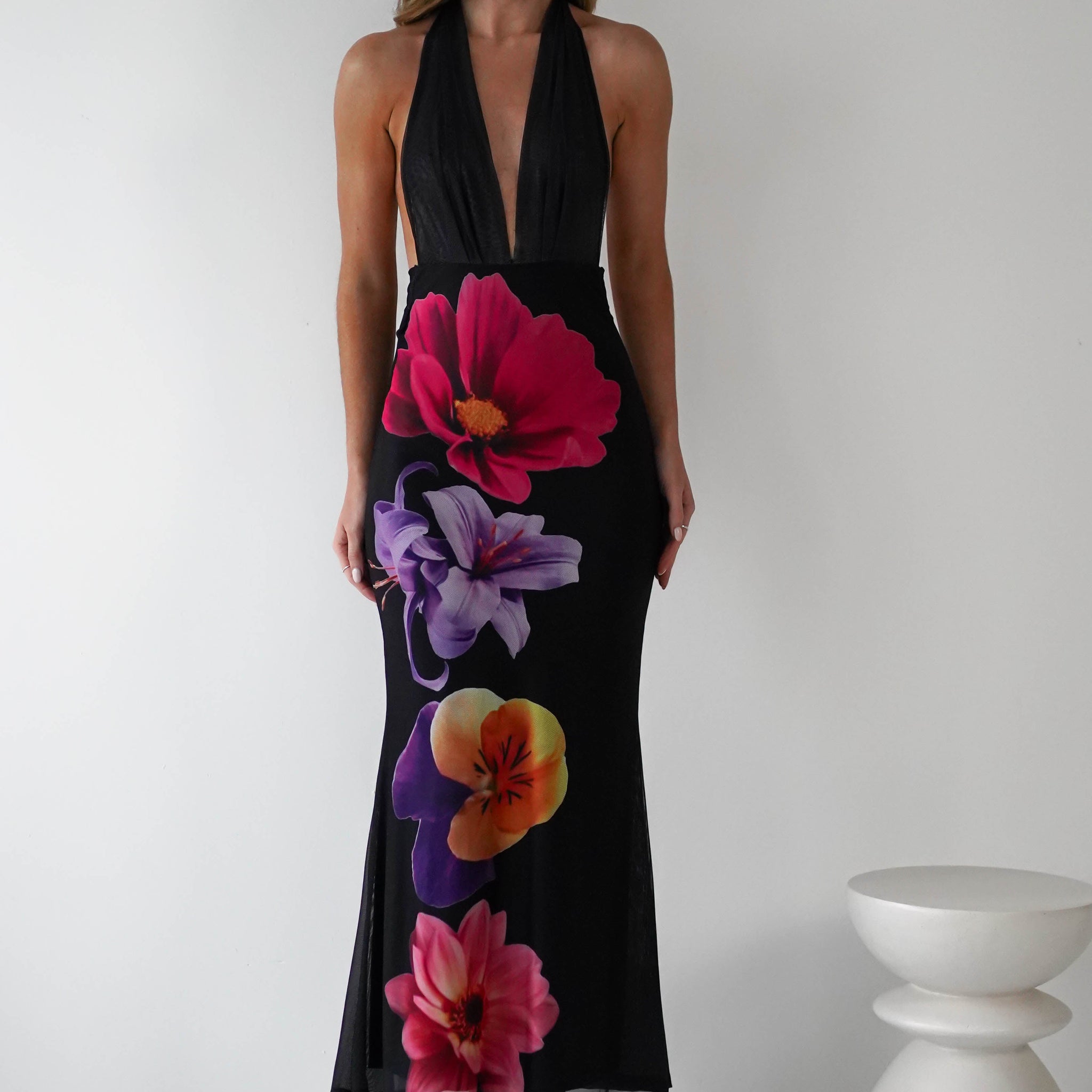 Elanor Floral Print Mesh Maxi Dress | Black