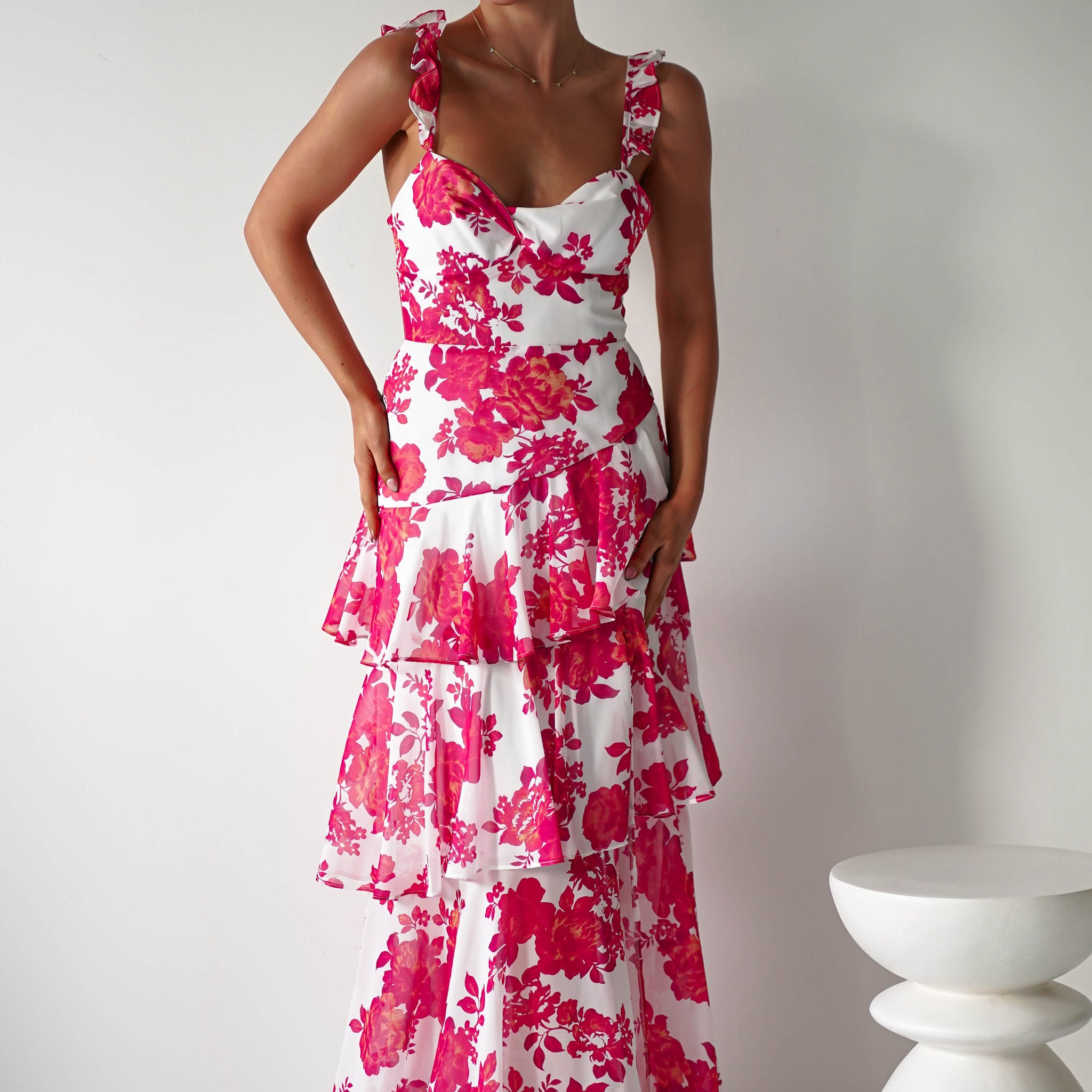 Madrid Ruffle Floral Maxi Dress | Red/White