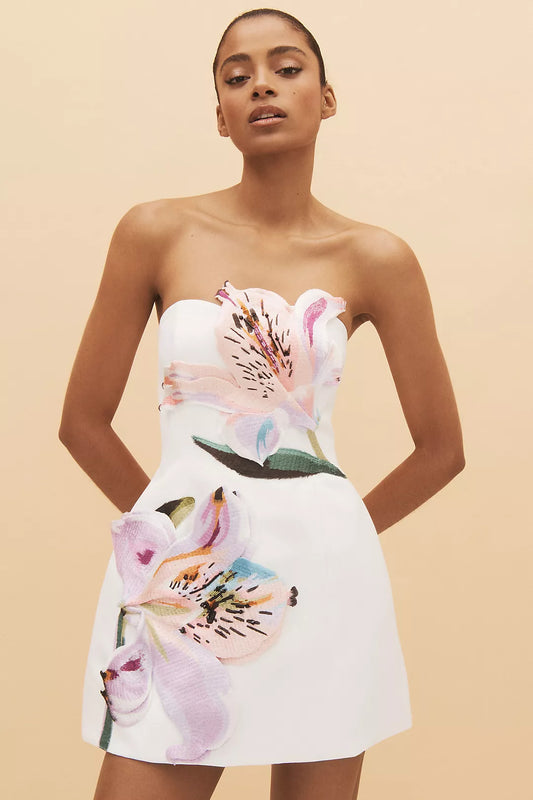 White Strapless Floral Applique Mini Dress