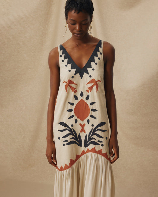 Embroidered V - Neck Maxi Dress with Pleated Hem
