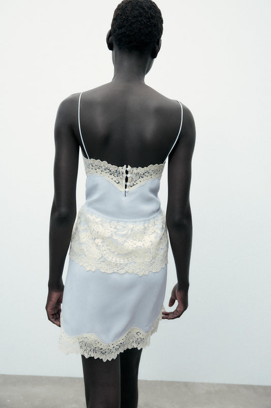 Cream Lace Trim Light Blue Multi-Layer Dress