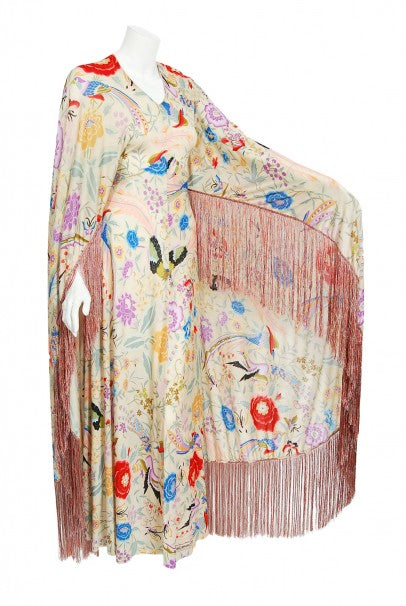 Floral and bird print silk-knit fringed robe