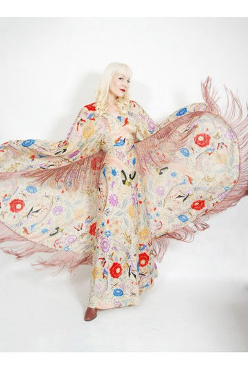 Floral and bird print silk-knit fringed robe