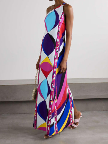 Manny Embellished One-Shoulder Printed Cady Maxi Dress