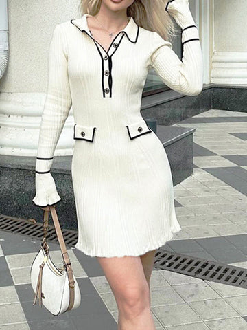 Long Sleeve Collared Knit Mini Dress