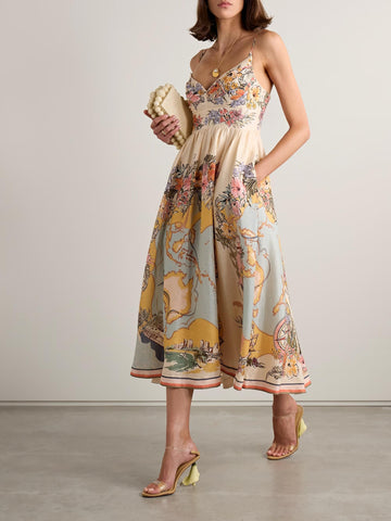 Tallow Pleated Printed Linen Midi Dress