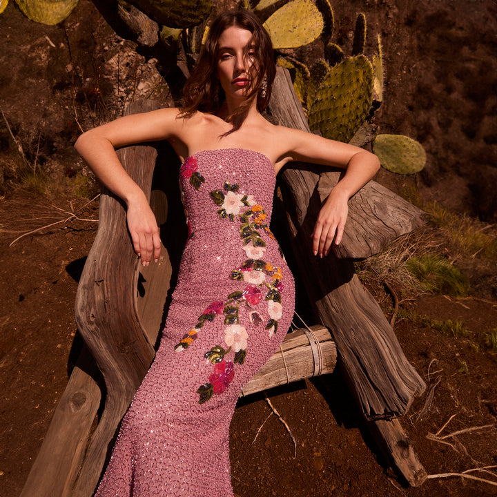 Floral applique off-the-shoulder gown