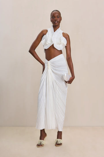 Sculptural curved pleated satin halter top and skirt set