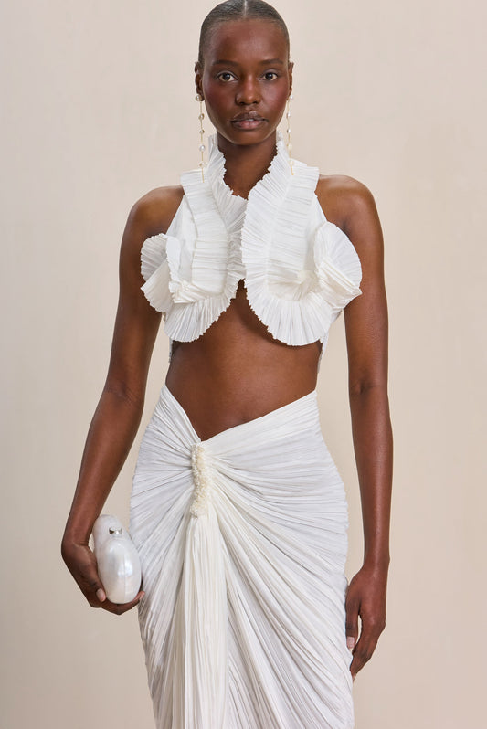 Sculptural curved pleated satin halter top and skirt set