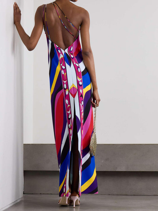 Manny Embellished One-Shoulder Printed Cady Maxi Dress