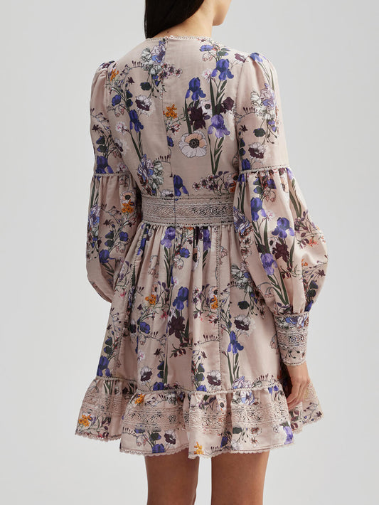 Flowers Plants Balloon Sleeves Mini Dress
