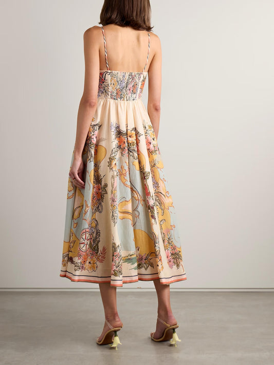 Tallow Pleated Printed Linen Midi Dress
