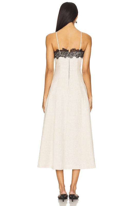 Beige Linen Midi Dress with Black Lace Trim