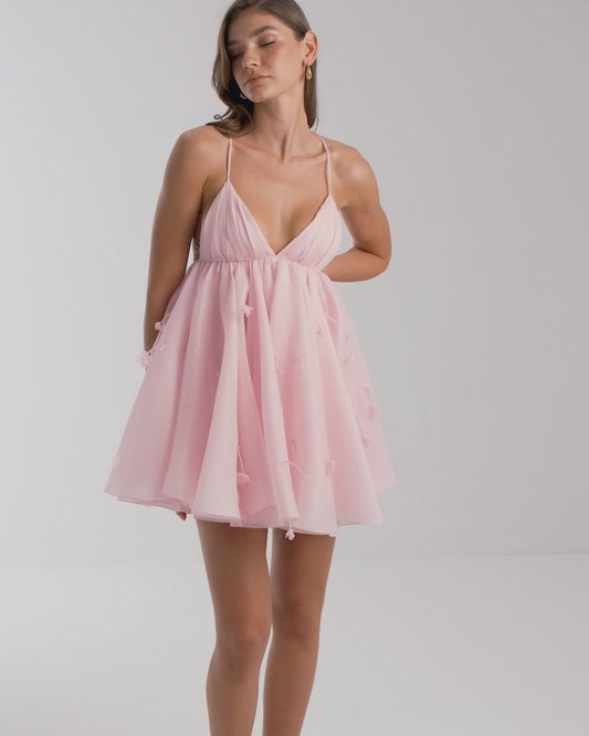 Linen Handmade Flower Mini Dress