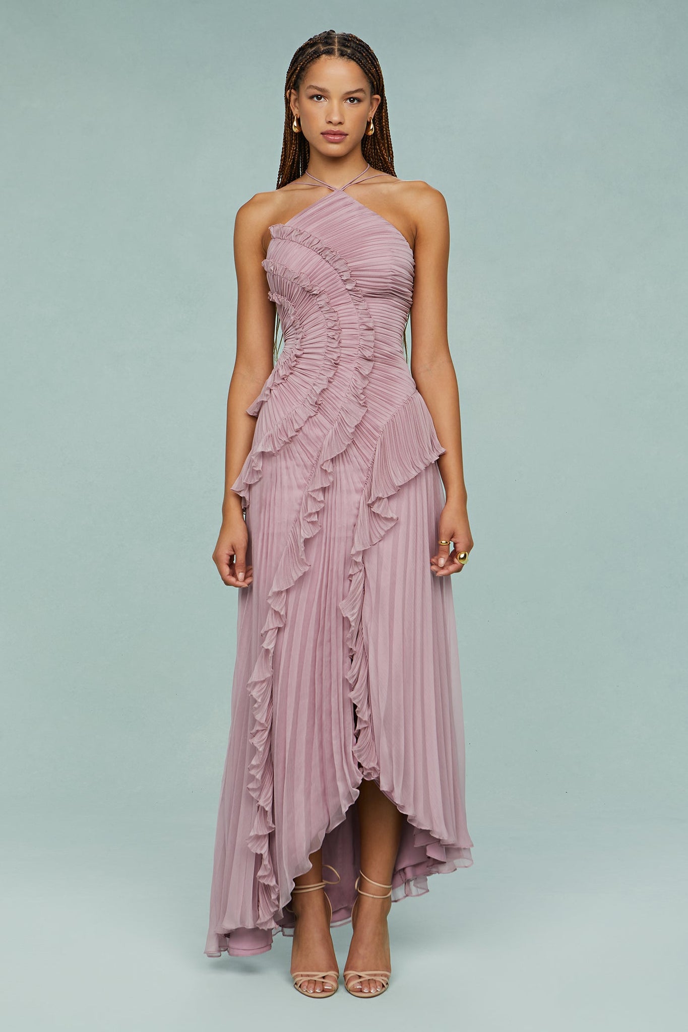 Party Asymmetric Pleated Halter Neck Dress