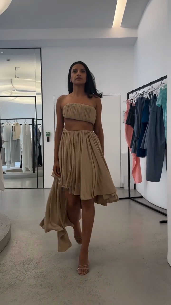 Beige Strapless Cutout Asymmetric Midi Dress