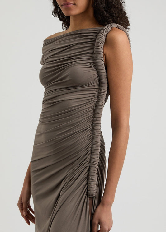 Taupe Asymmetric Ruched Midi Dress