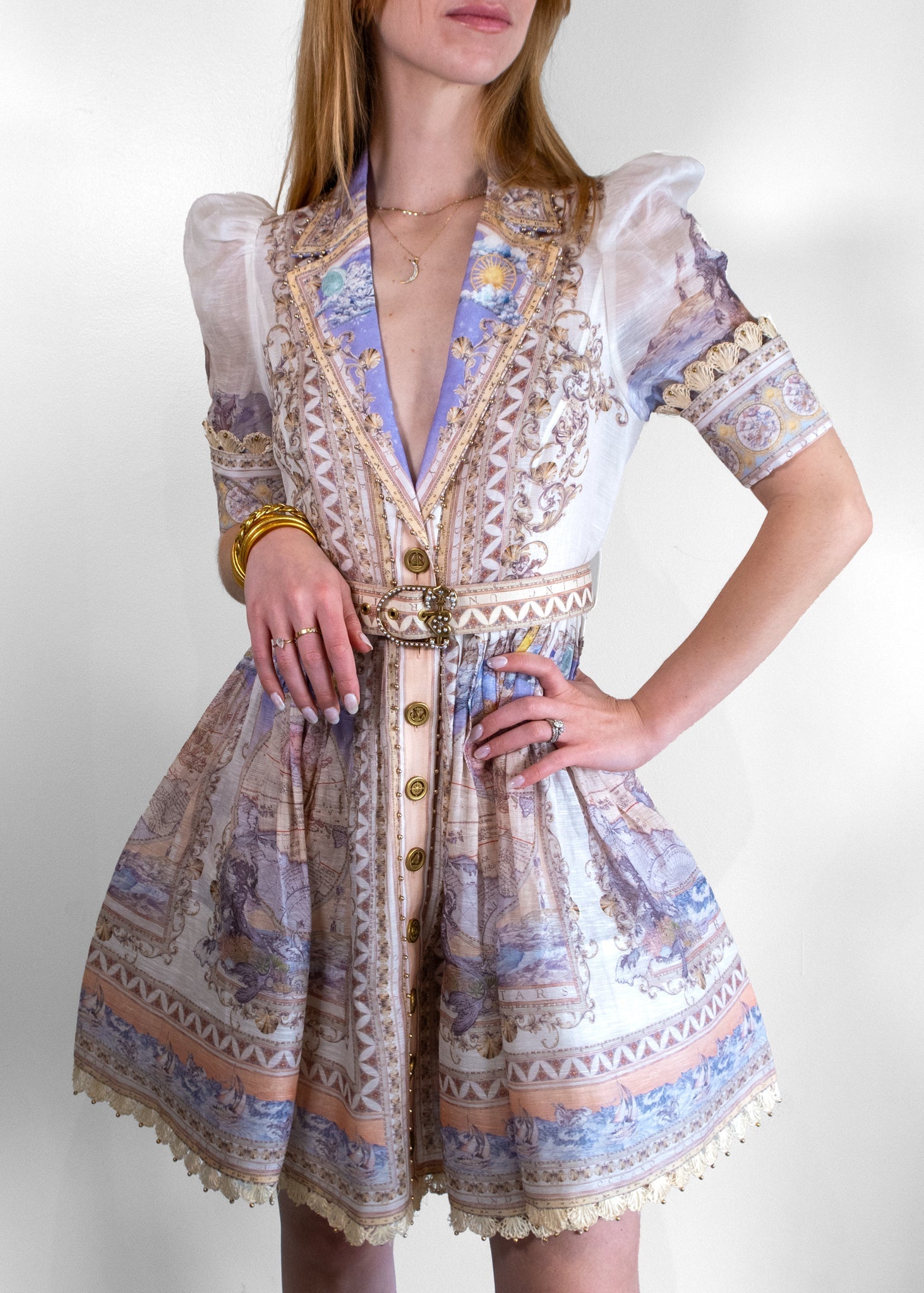Printed Puff - Sleeve Belted Mini Dress