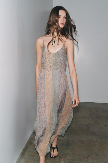Beaded Patchwork Print Slip Maxi Dress