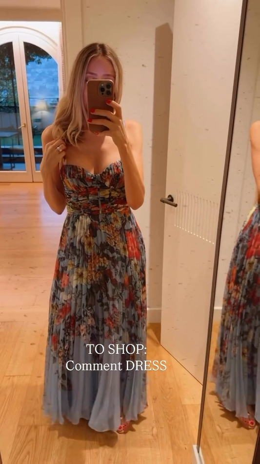 Elegant Blue Floral Strapless Midi Dress