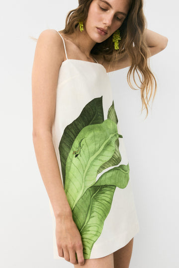 White Tropical Leaf Print Slip Dress