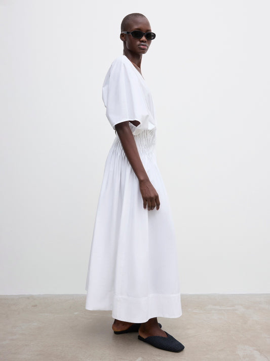 White V - Neck Puff - Sleeve Maxi Dress