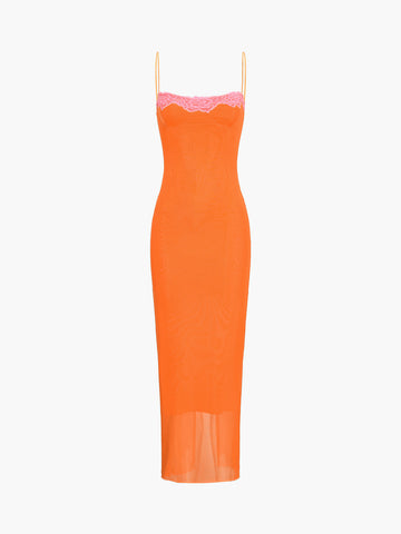 Semi-Sheer Mesh Lace Trim Long Dress