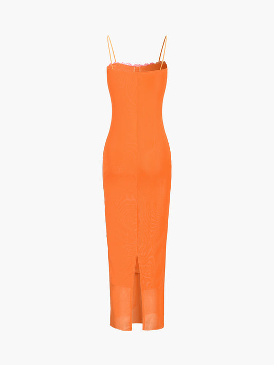 Semi-Sheer Mesh Lace Trim Long Dress