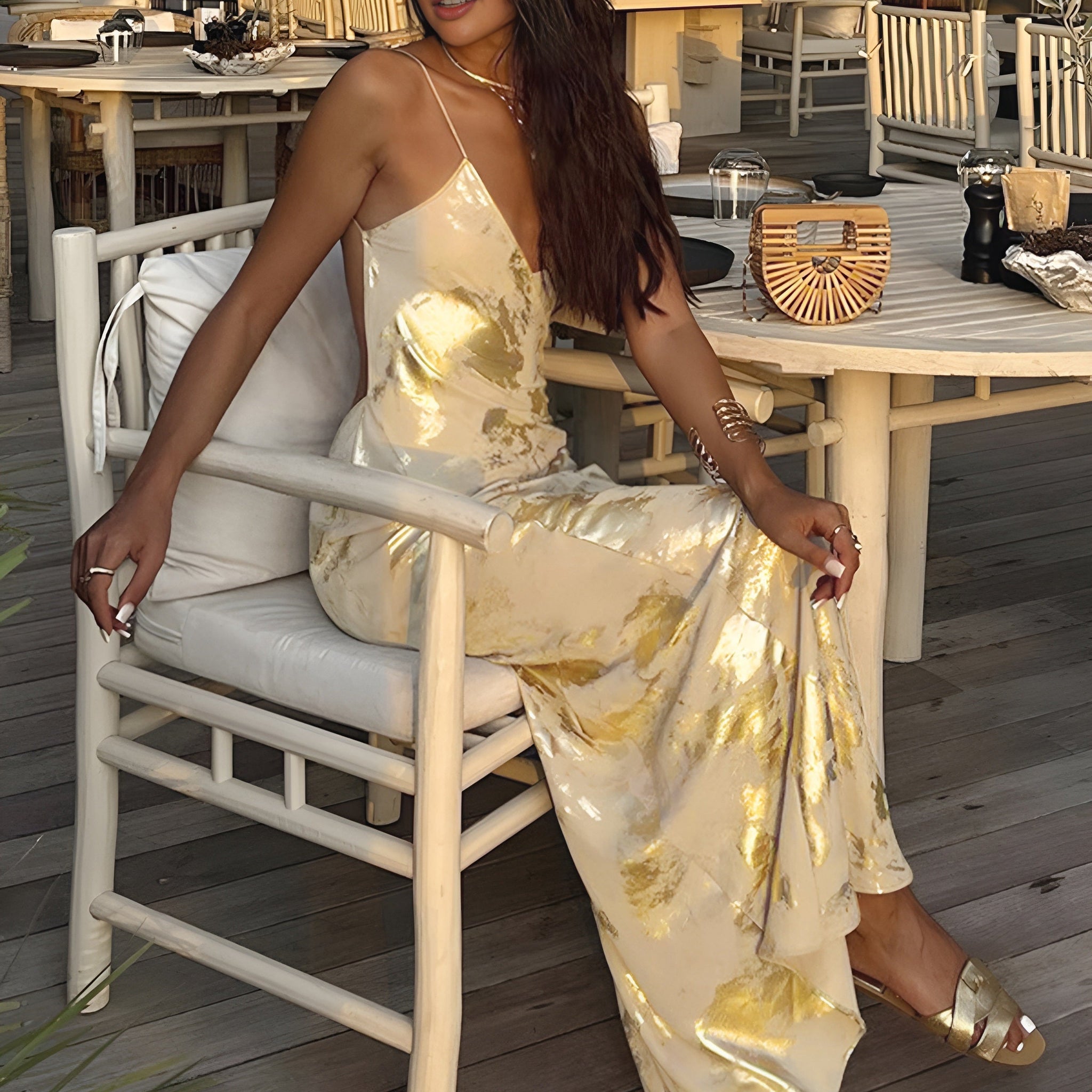 Metallic Print V-Neck Backless Slip Long Dress