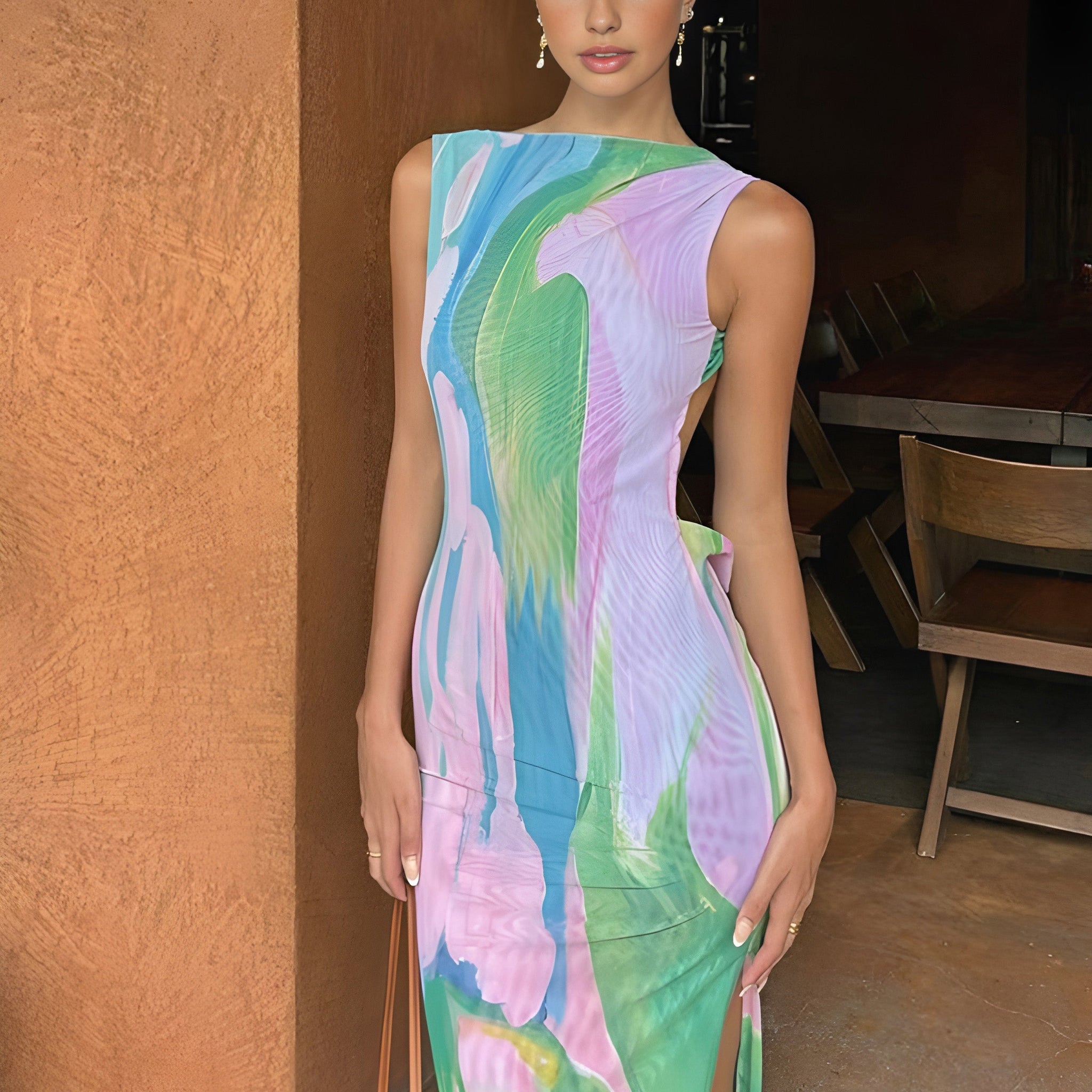Monet Garden Print Sleeveless Long Dress