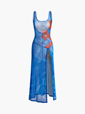 Semi-Sheer Floral Backless Split Dress