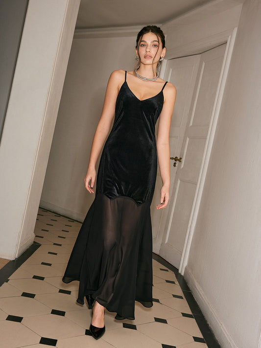 Semi-Sheer Chiffon-Hem Velvet Cami Dress