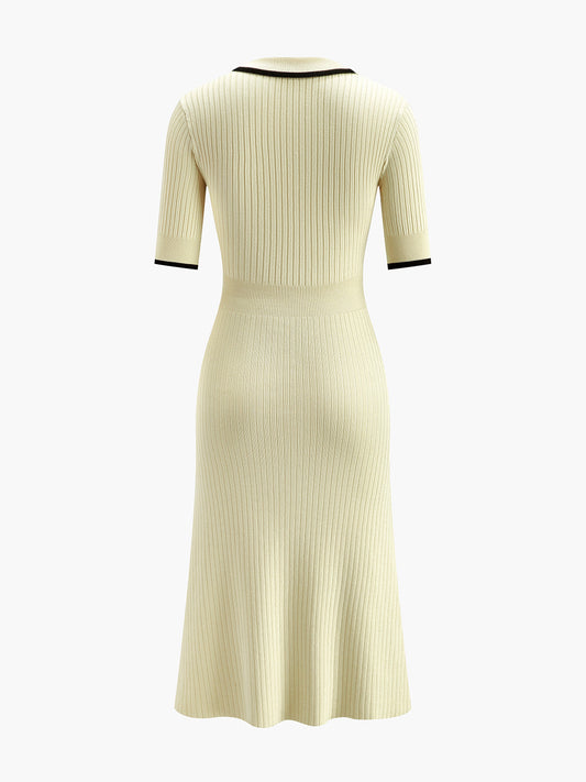 Contrast Trim Collared Rib Knit Short Sleeve Midi Dress