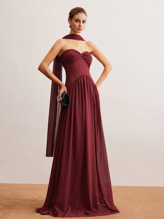 Semi-Sheer Ruched Long-Ribbon Tube Dress