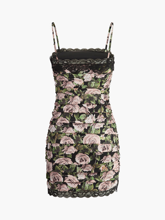 Floral Lace-Trim Ruched Dress
