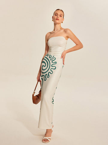 Strapless Ruched Print Dress
