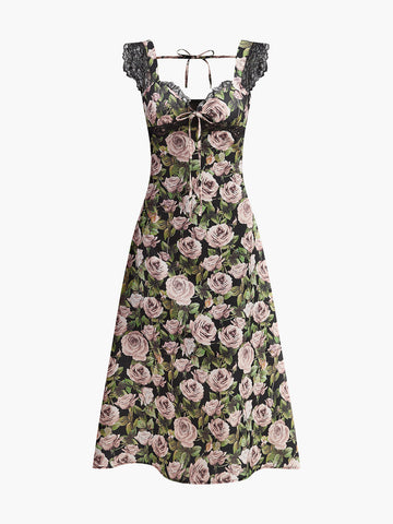 Floral Lace-Trim Tie-Back Dress