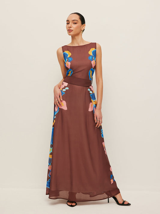 V-Back Bow Detail Printed Dress