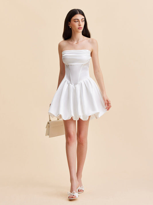 Semi-Sheer Satin Strapless Bubble Dress