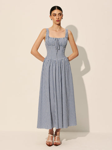 Cotton Checkerboard Tie-Front Dress
