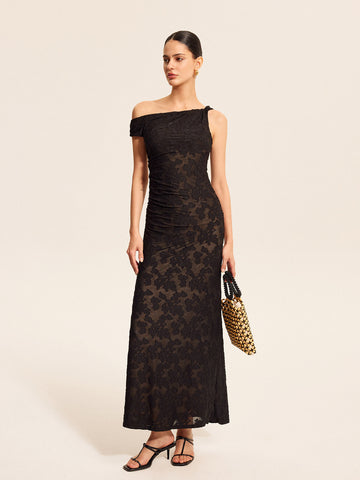 Semi-Sheer Lace One-Shoulder Maxi Dress