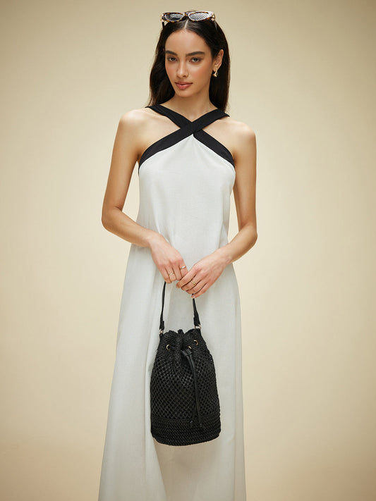 Semi-Sheer Cotton & Linen Backless Halter Dress