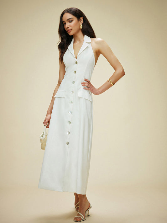 Cotton & Linen Pocket-Detail Halter Neck Tie-Back Dress
