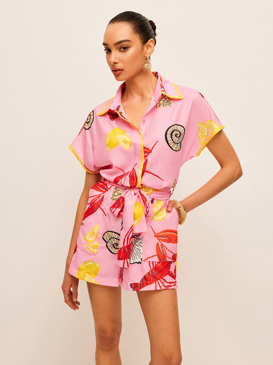 Fruit & Shell Print Tie-Waist Jumpsuit
