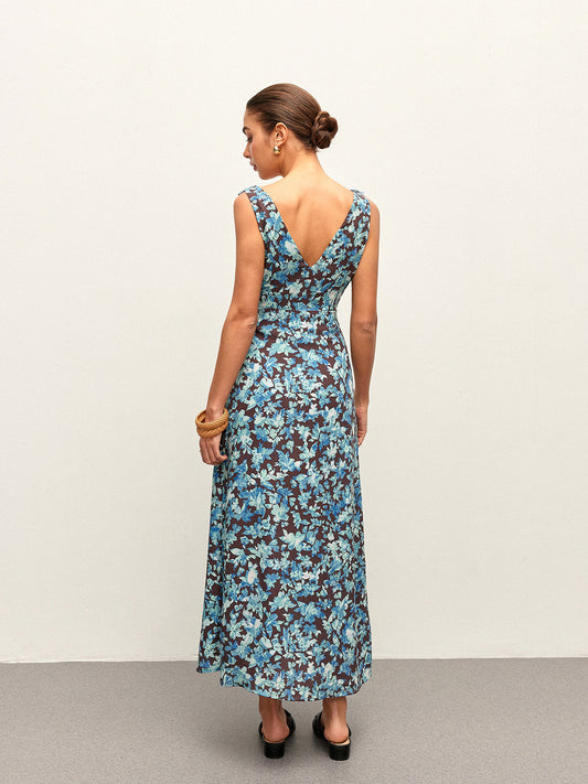 Floral Lettuce Trim V-Neck Zipper Dress
